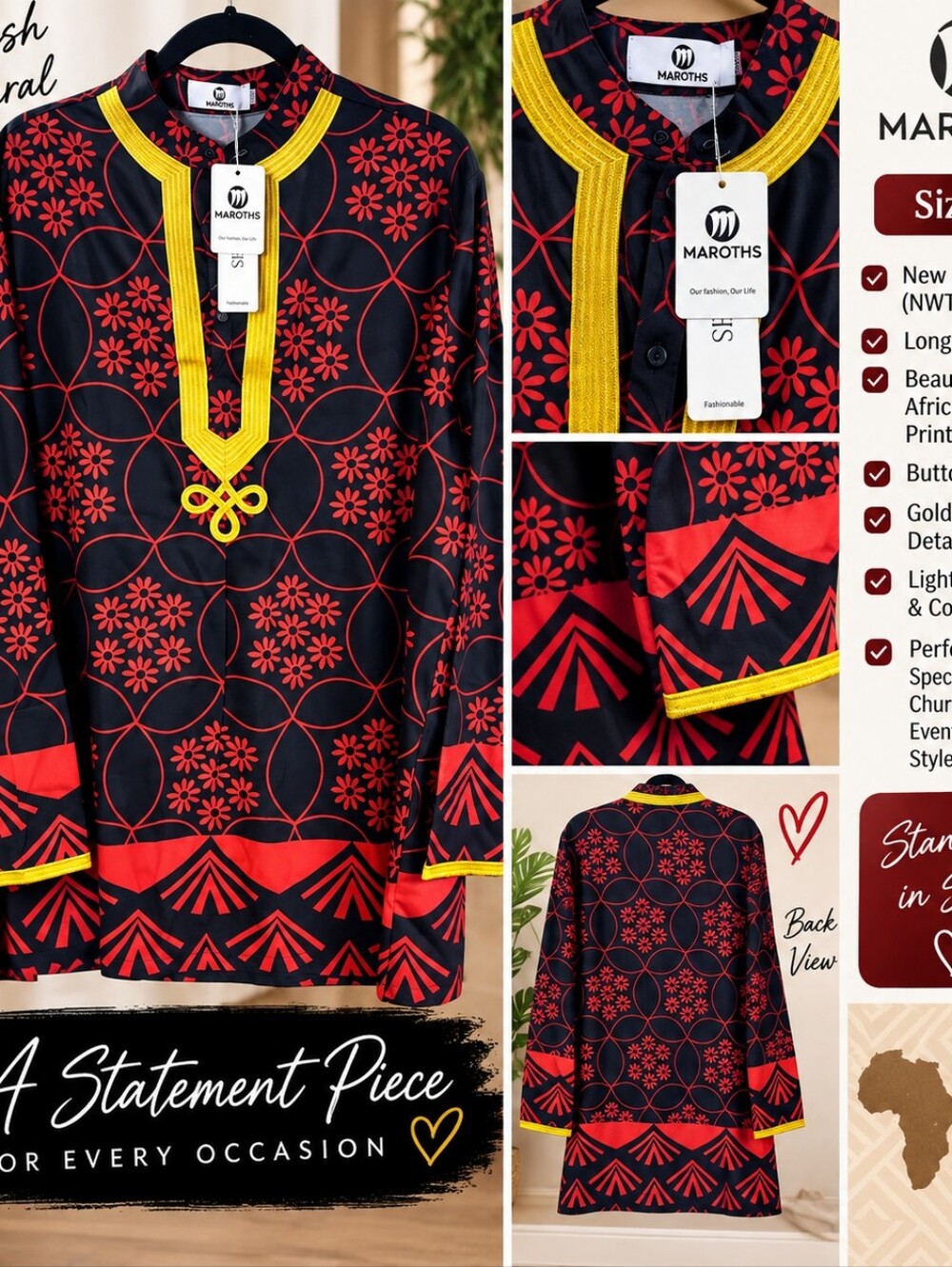 Black & Red Patterned Men's Shirt with Yellow Trim